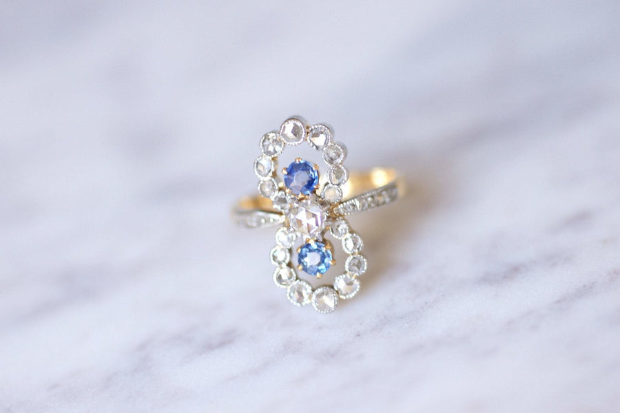 Belle Epoque engagement ring sapphires and diamonds on gold and platinum - Galerie Pénélope