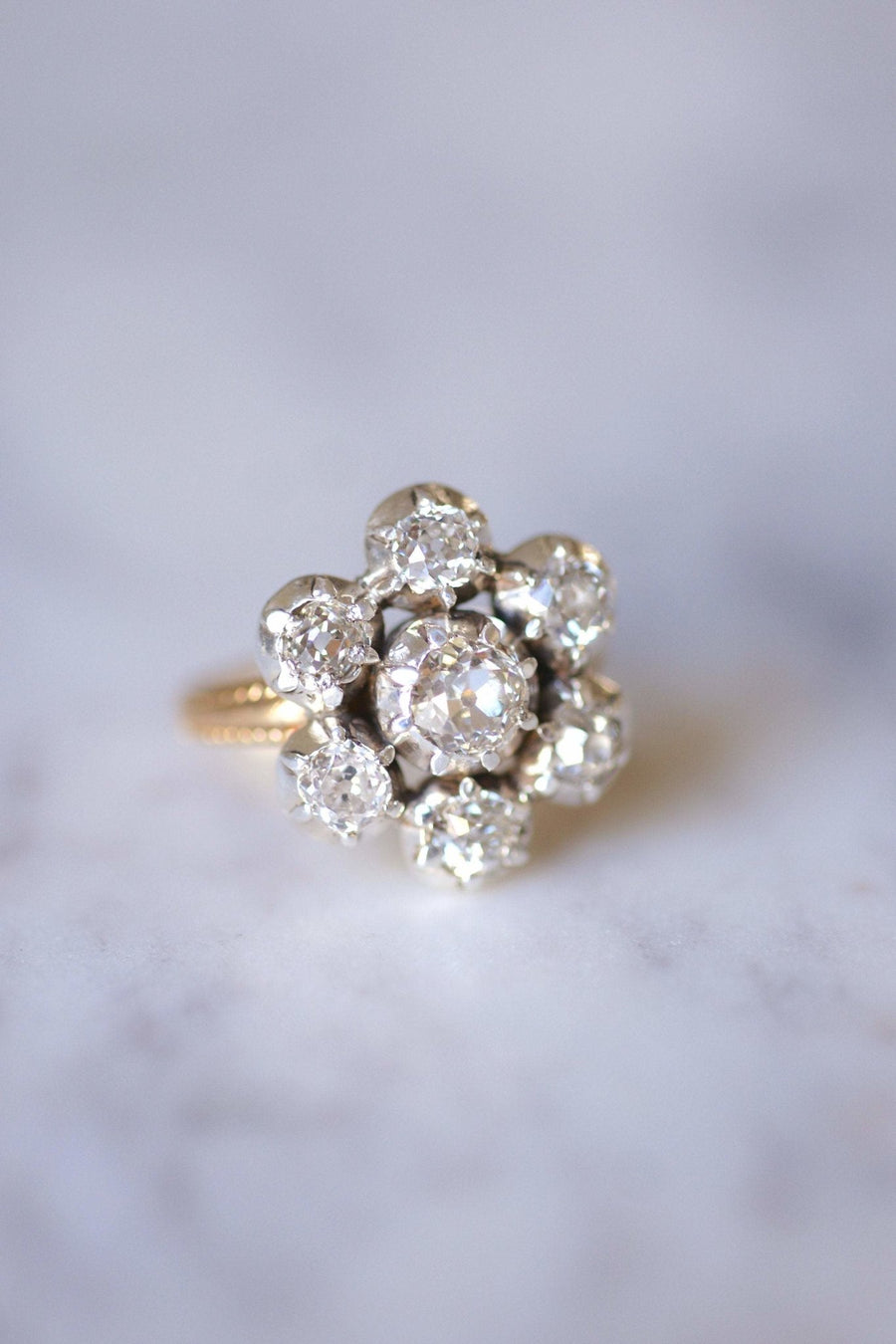 Antique gold and silver daisy engagement ring set with diamonds 1.60Cts - Galerie Pénélope