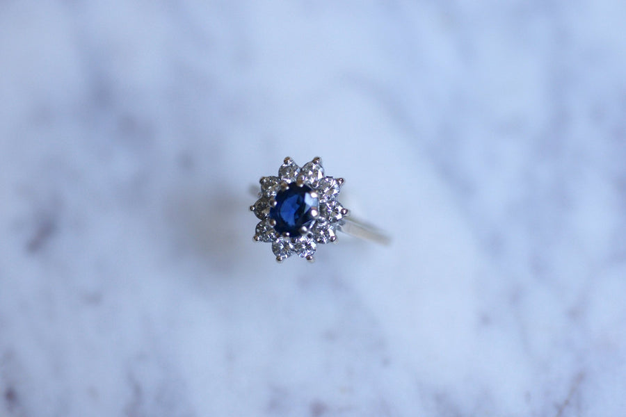 Sapphire engagement ring surrounded by diamonds on white gold - Galerie Pénélope