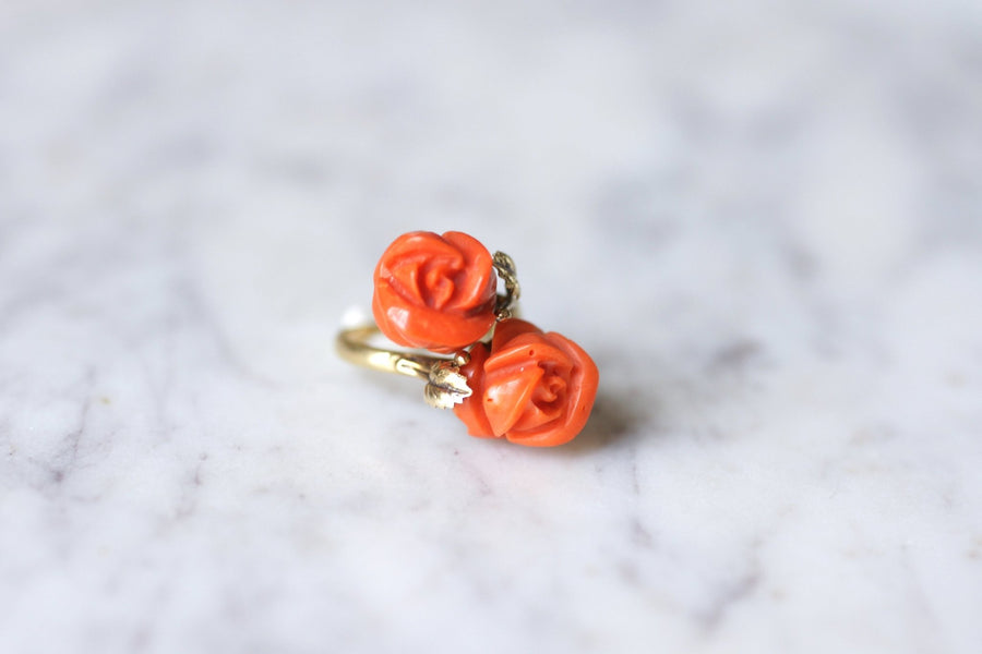 Double coral and gold flower ring - Penelope Gallery