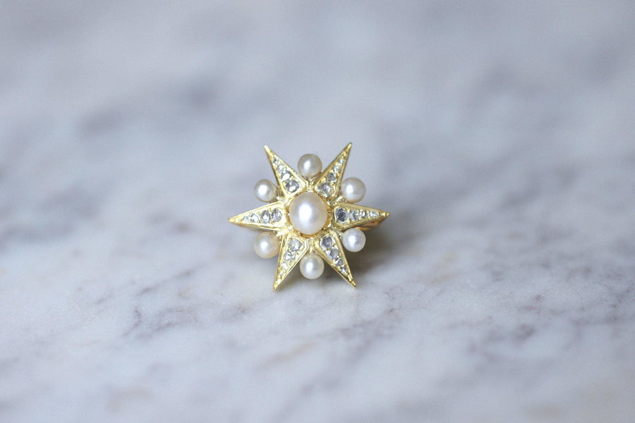 Antique star ring in yellow gold, diamonds and fine pearls - Galerie Pénélope