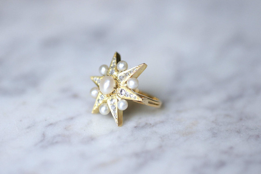 Antique star ring in yellow gold, diamonds and fine pearls - Galerie Pénélope