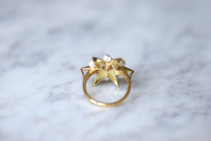 Antique star ring in yellow gold, diamonds and fine pearls - Galerie Pénélope