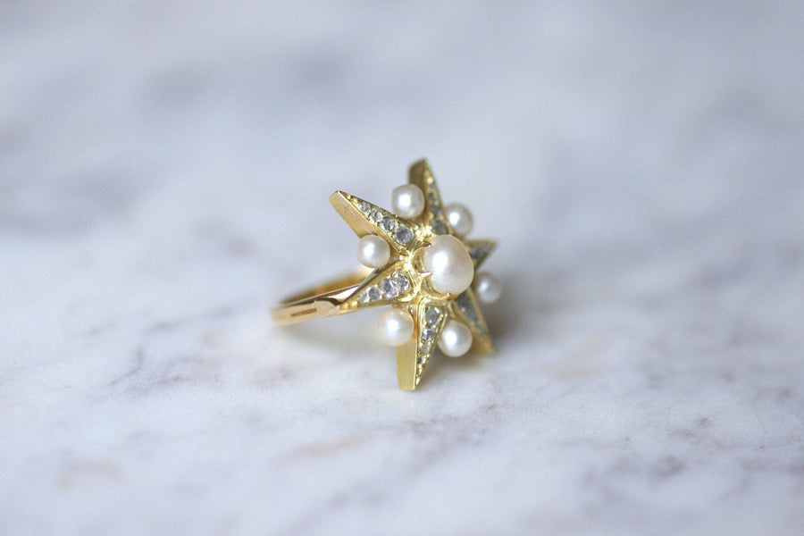 Antique star ring in yellow gold, diamonds and fine pearls - Galerie Pénélope