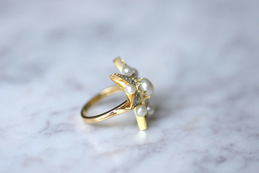 Antique star ring in yellow gold, diamonds and fine pearls - Galerie Pénélope