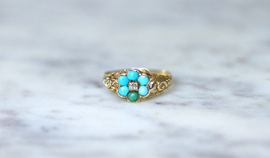 Antique turquoise and diamond flower ring - Galerie Pénélope