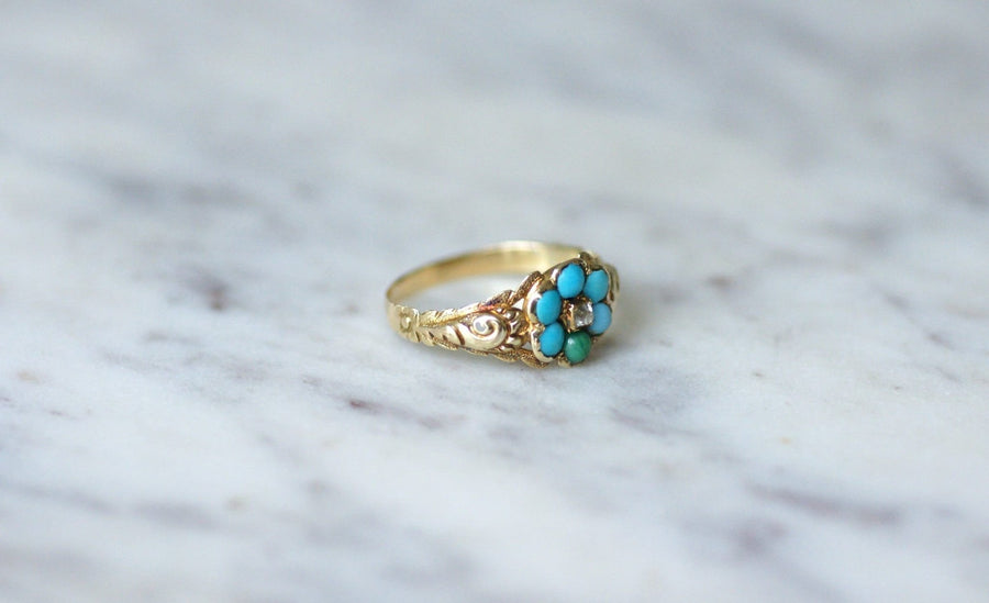 Antique turquoise and diamond flower ring - Galerie Pénélope