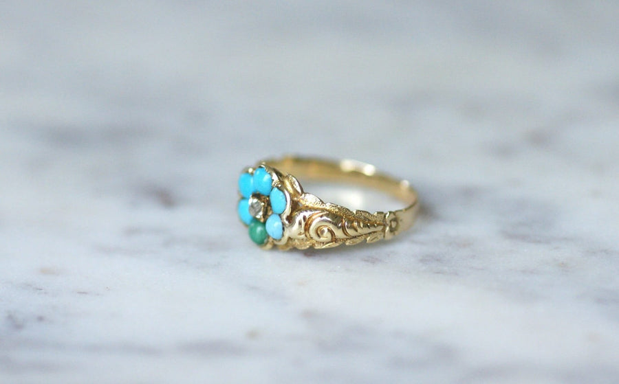 Antique turquoise and diamond flower ring - Galerie Pénélope