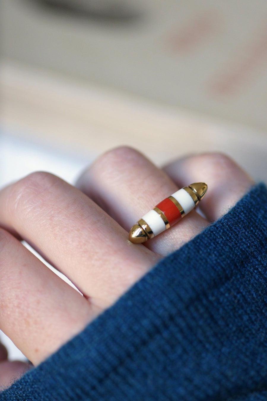 Modernist gold and coral spindle ring - Penelope Gallery