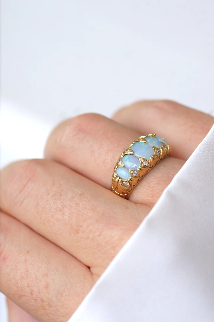 Opals and diamonds on gold garter ring - Penelope Gallery