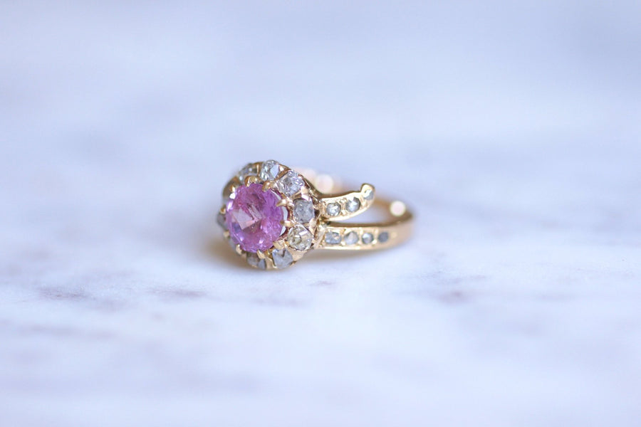 Antique pink sapphire daisy ring with diamonds on gold - Galerie Pénélope