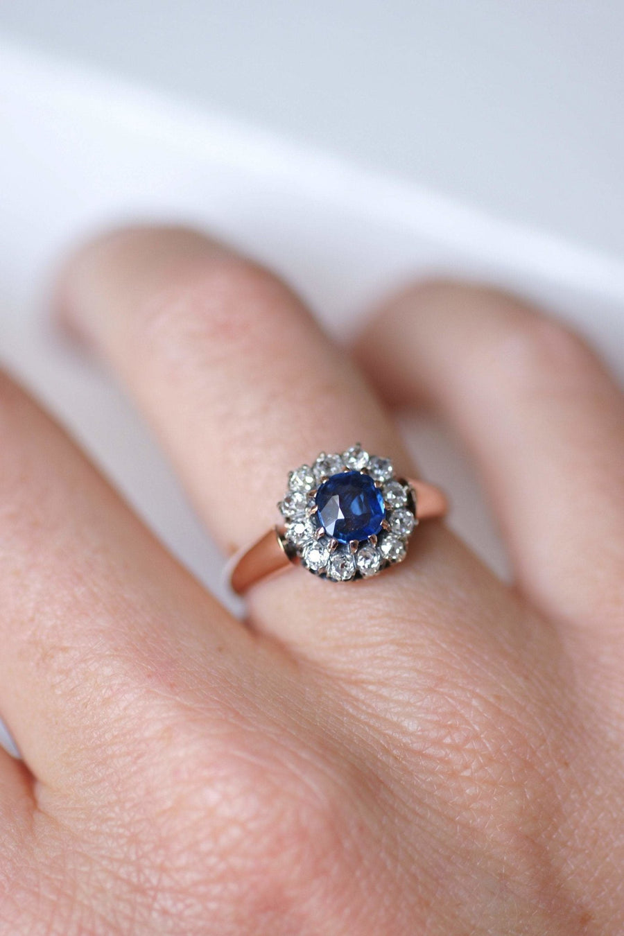 Unheated sapphire daisy ring with diamonds - Penelope Gallery