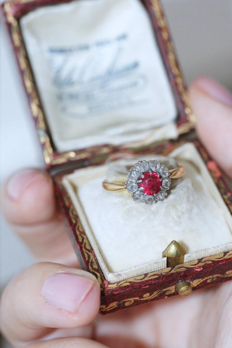 Red spinel daisy ring with diamonds - Penelope Gallery
