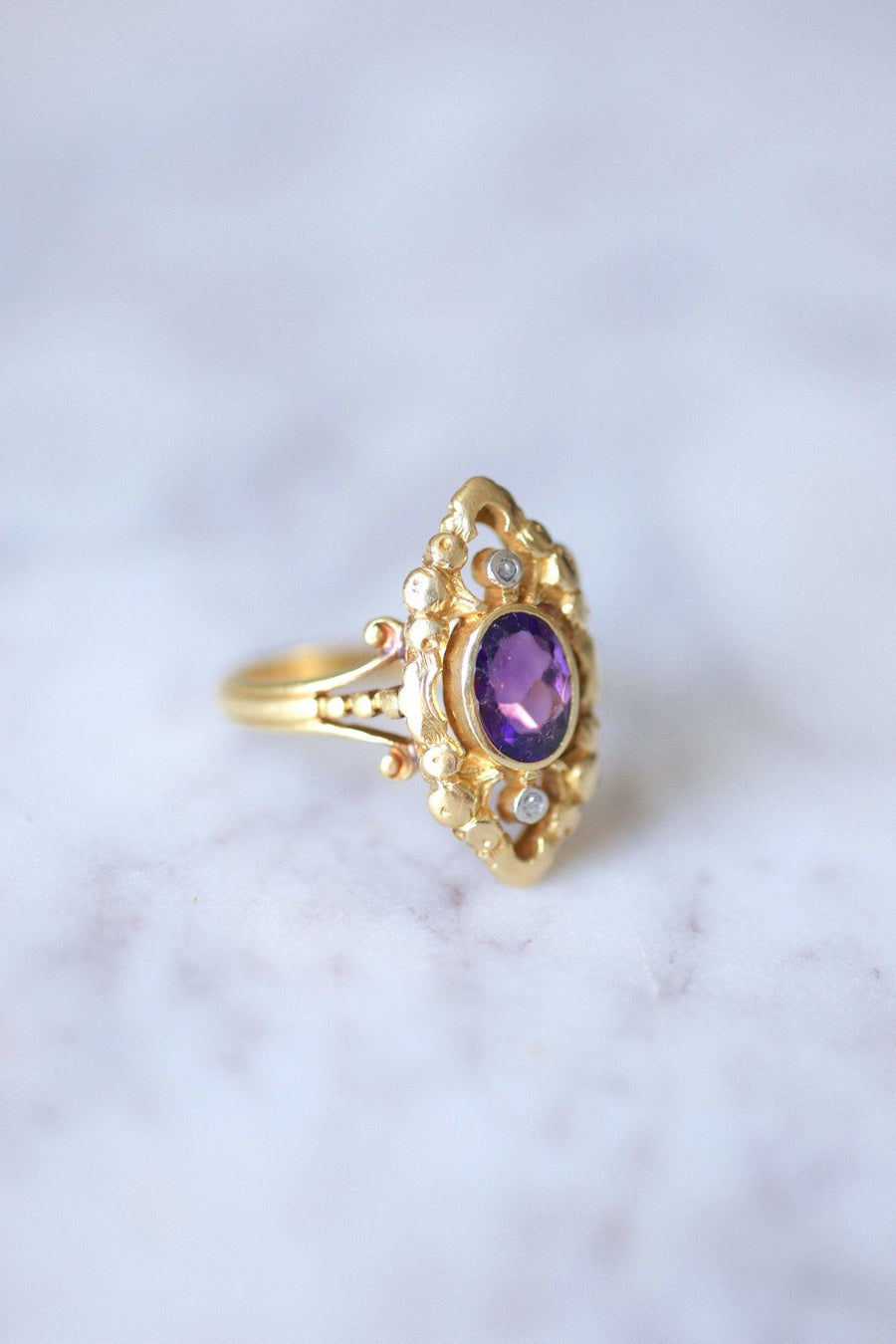 Marquise ring Ancient diamonds and amethyst in gold - Galerie Pénélope