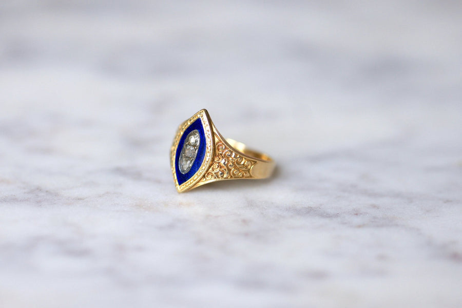 Antique marquise ring in yellow gold and diamond on blue enamel - Galerie Pénélope