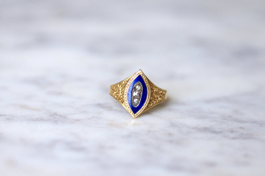 Antique marquise ring in yellow gold and diamond on blue enamel - Galerie Pénélope