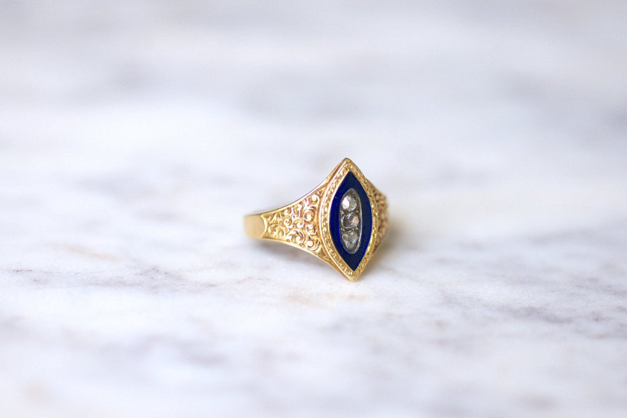 Antique marquise ring in yellow gold and diamond on blue enamel - Galerie Pénélope