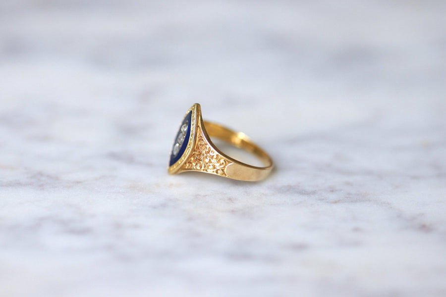 Antique marquise ring in yellow gold and diamond on blue enamel - Galerie Pénélope
