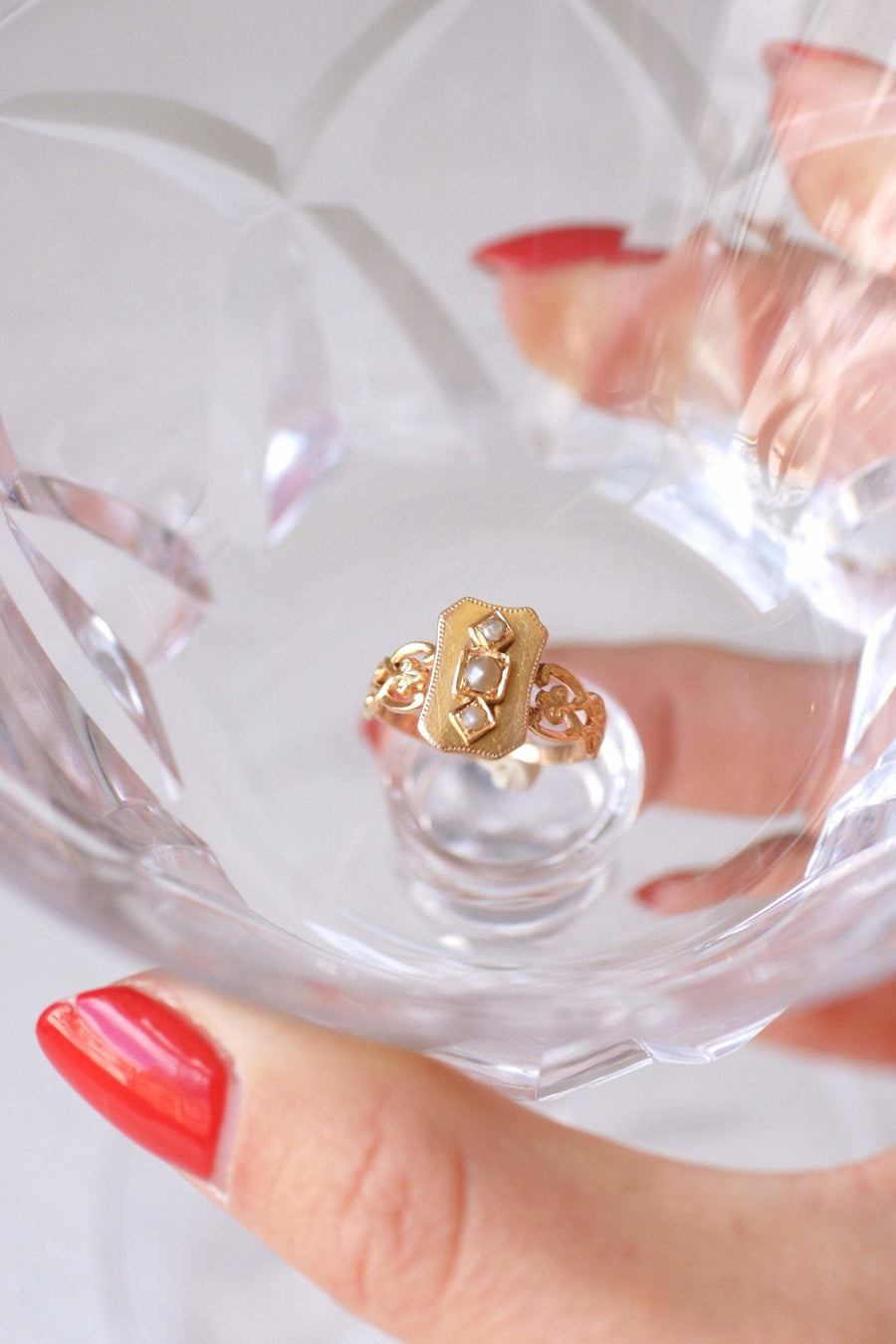 Antique marquise ring in 18Kt rose gold and pearls - Galerie Pénélope