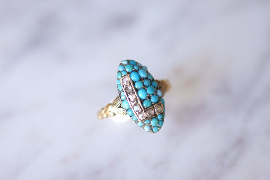 Antique marquise ring letter L, in 18Kt gold, turquoise and diamonds - Galerie Pénélope