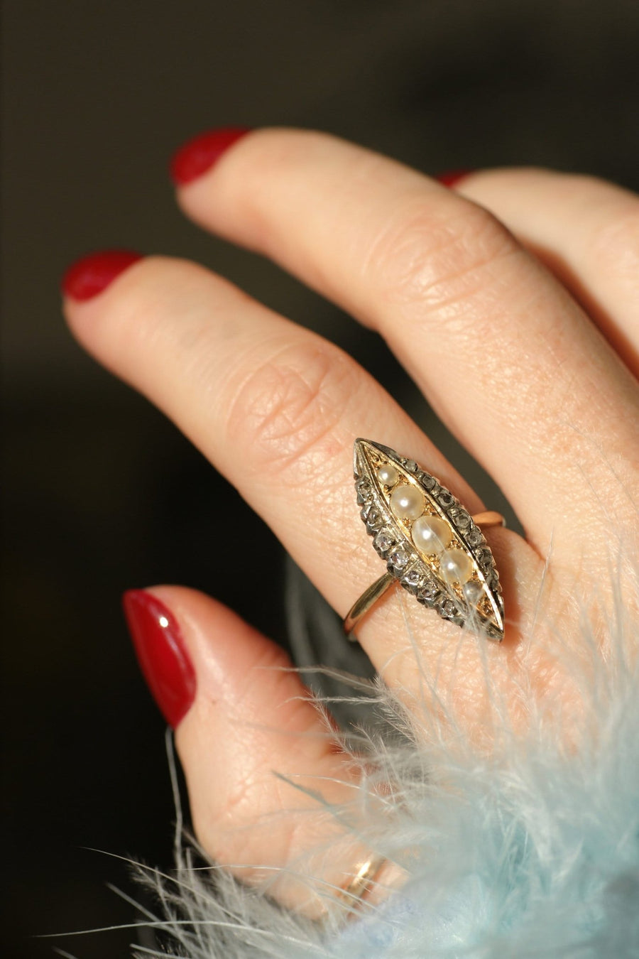 Marquise pearl and diamond ring - Galerie Pénélope