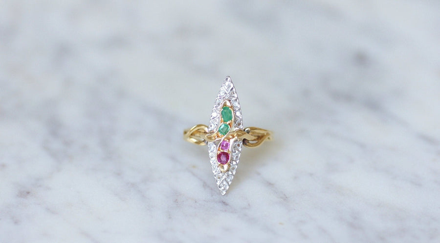 Marquise snake ring with emeralds, rubies and diamonds - Penelope Gallery