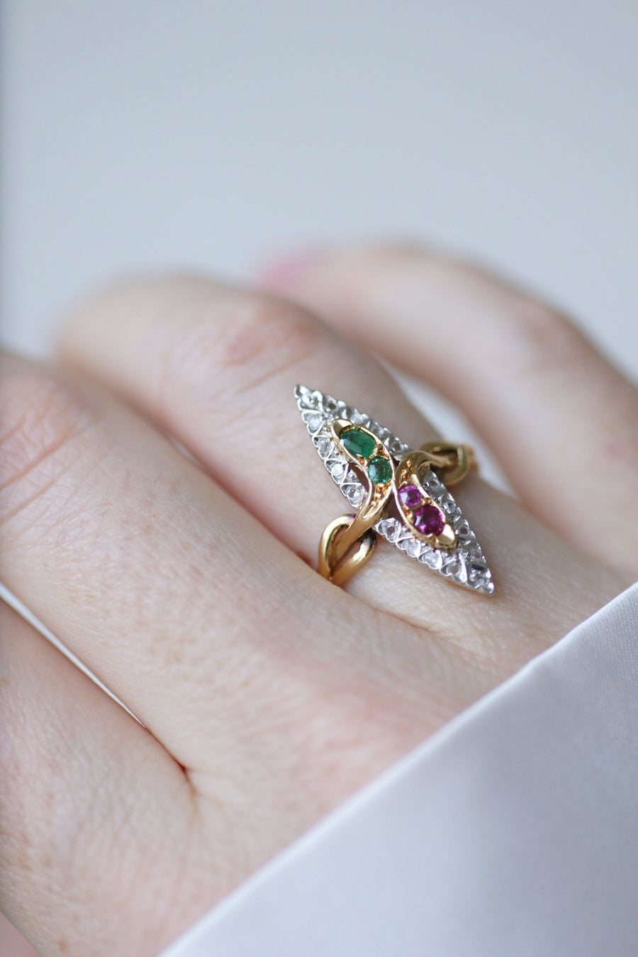 Marquise snake ring with emeralds, rubies and diamonds - Penelope Gallery