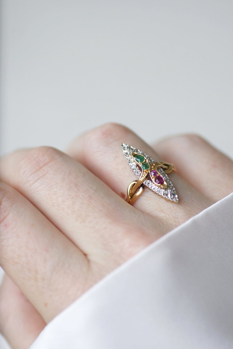 Marquise snake ring with emeralds, rubies and diamonds - Penelope Gallery