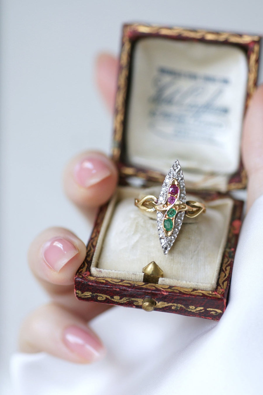 Marquise snake ring with emeralds, rubies and diamonds - Penelope Gallery