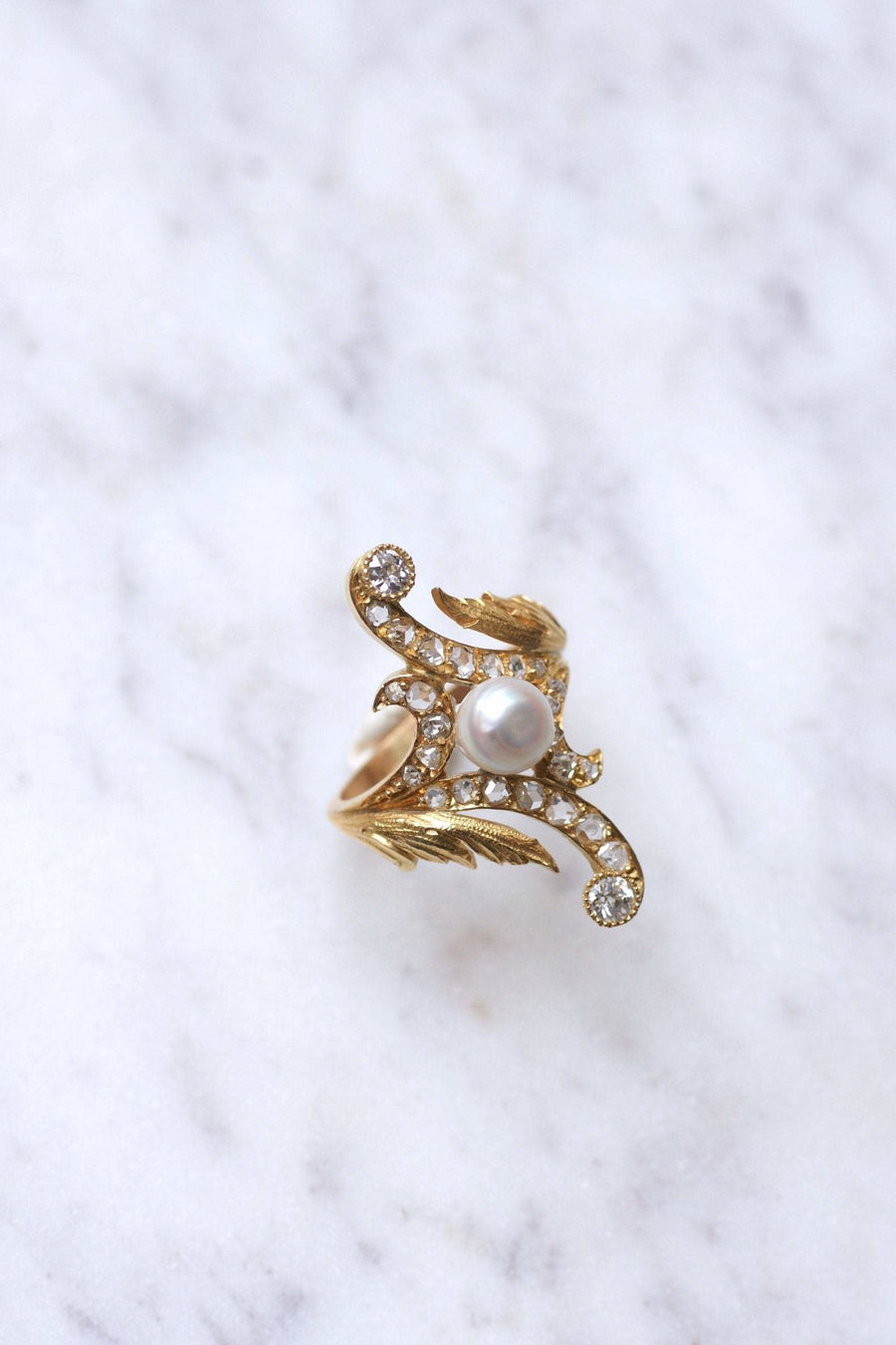 Marquise Art Nouveau style ring in 14Kt gold, diamonds, pearl - Galerie Pénélope