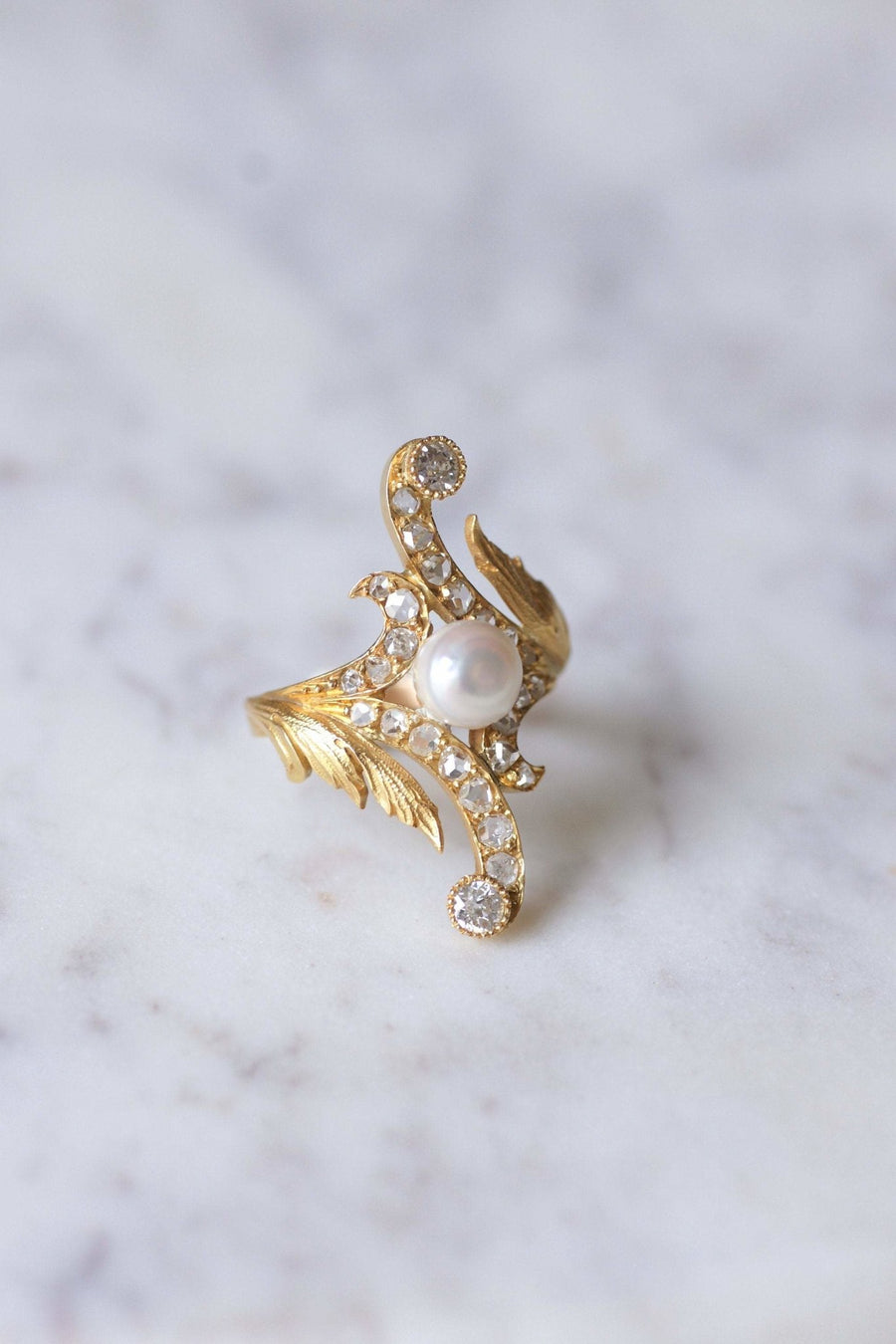 Marquise Art Nouveau style ring in 14Kt gold, diamonds, pearl - Galerie Pénélope