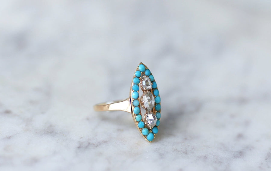 Turquoise and diamond marquise ring - Galerie Pénélope