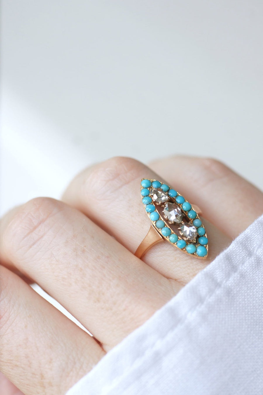 Turquoise and diamond marquise ring - Galerie Pénélope