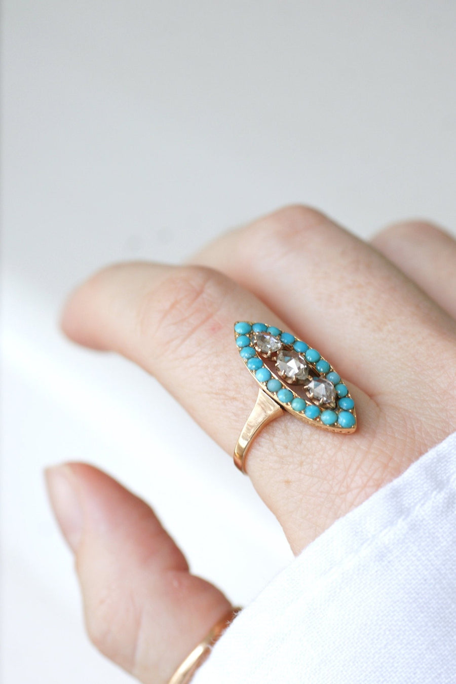 Turquoise and diamond marquise ring - Galerie Pénélope