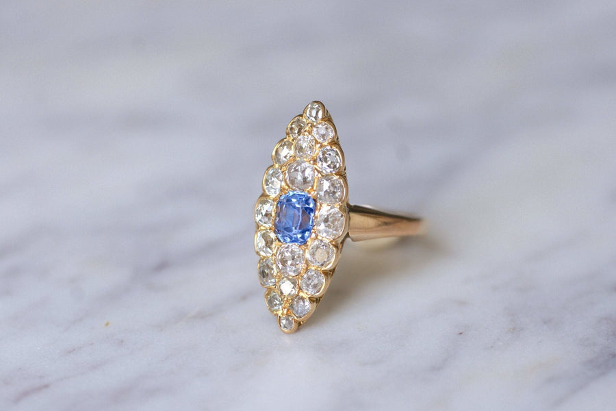 Marquise Victorienne sapphire ring surrounded by diamonds on pink gold - Galerie Pénélope