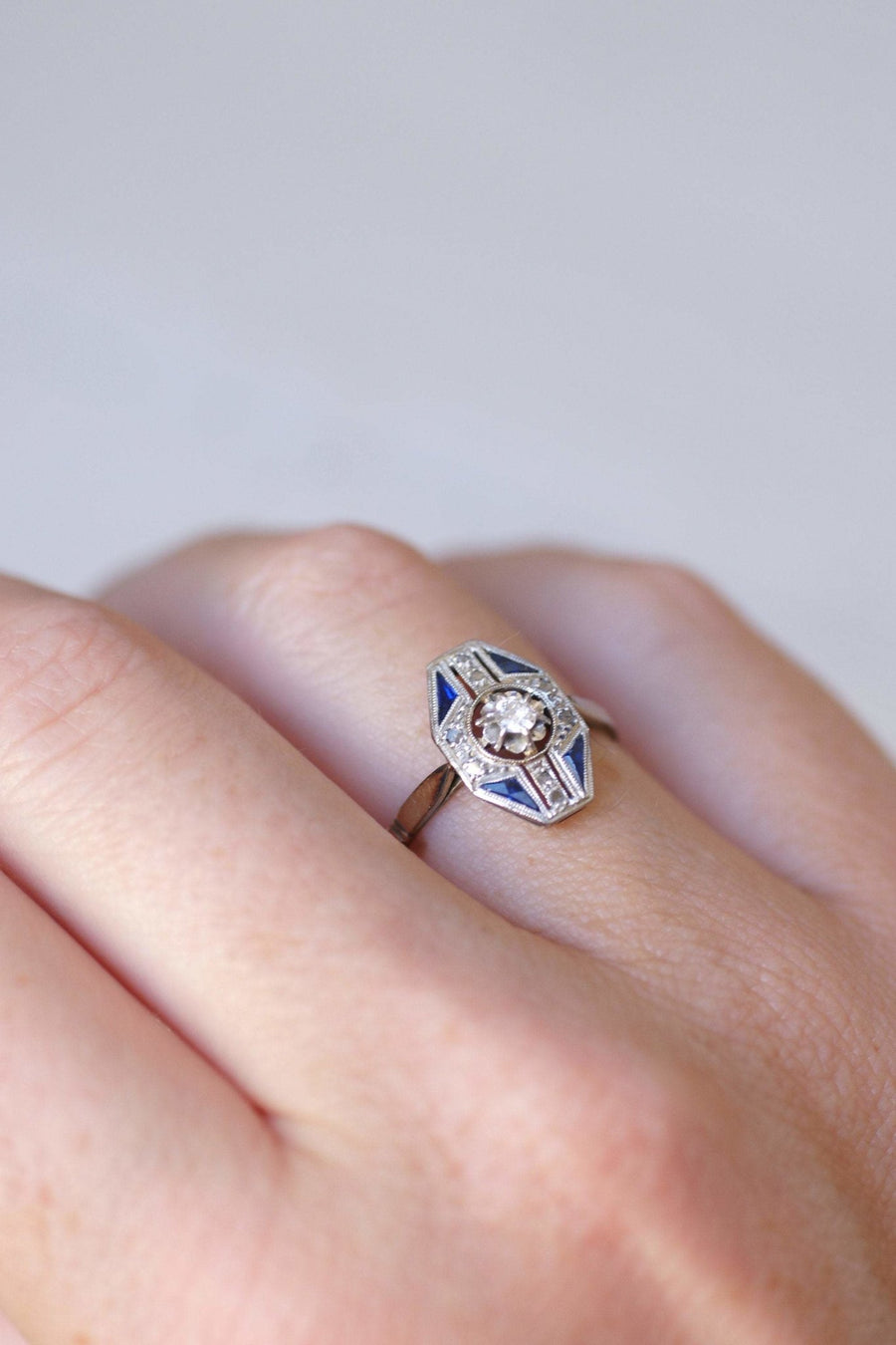 Octagonal Art Deco diamond and sapphire ring - Penelope Gallery