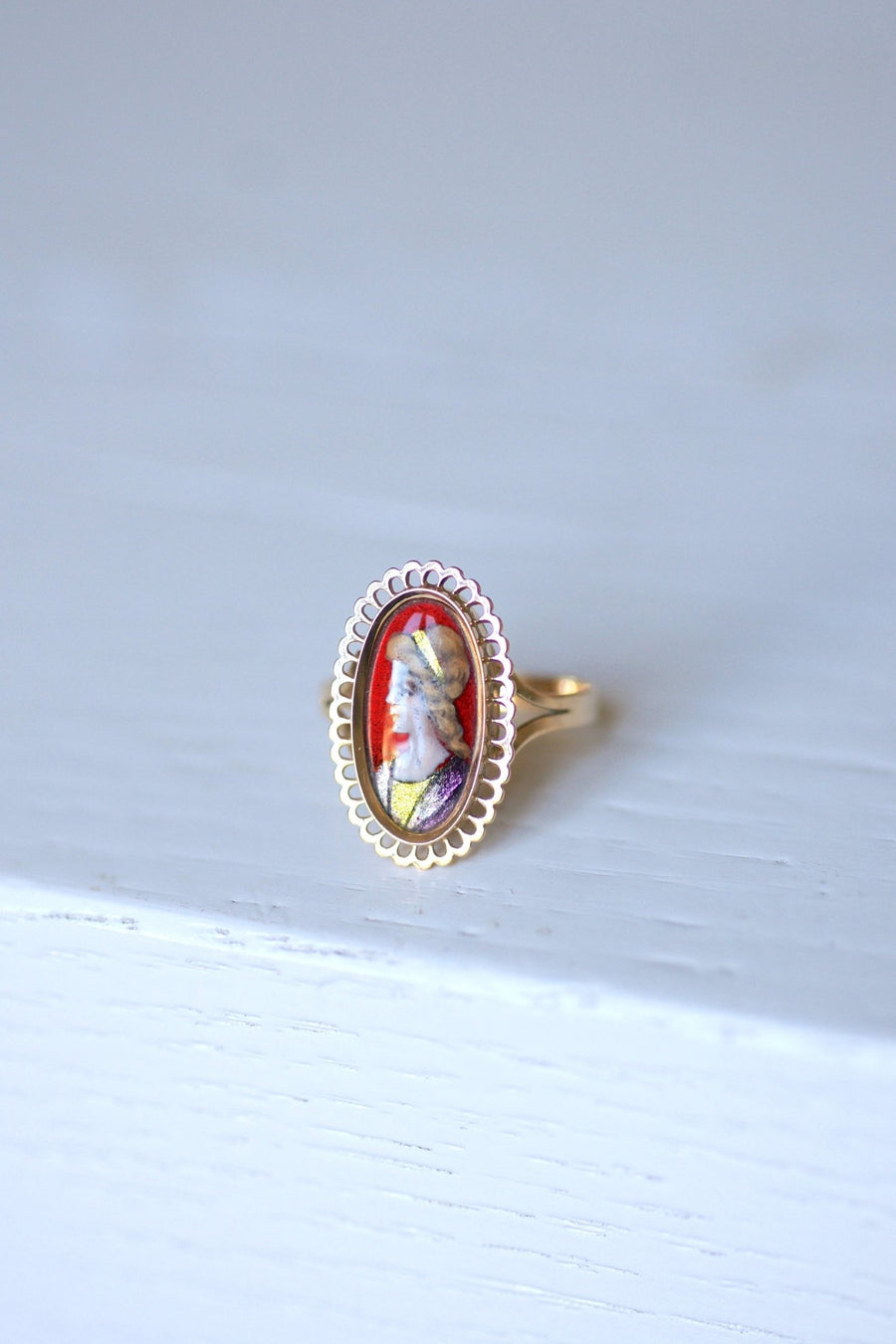 Antique pink gold and Limoges enamel portrait ring - Galerie Pénélope