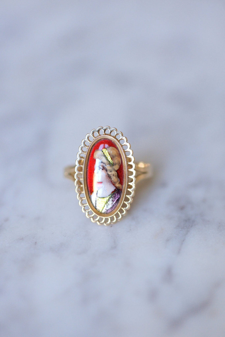 Antique pink gold and Limoges enamel portrait ring - Galerie Pénélope