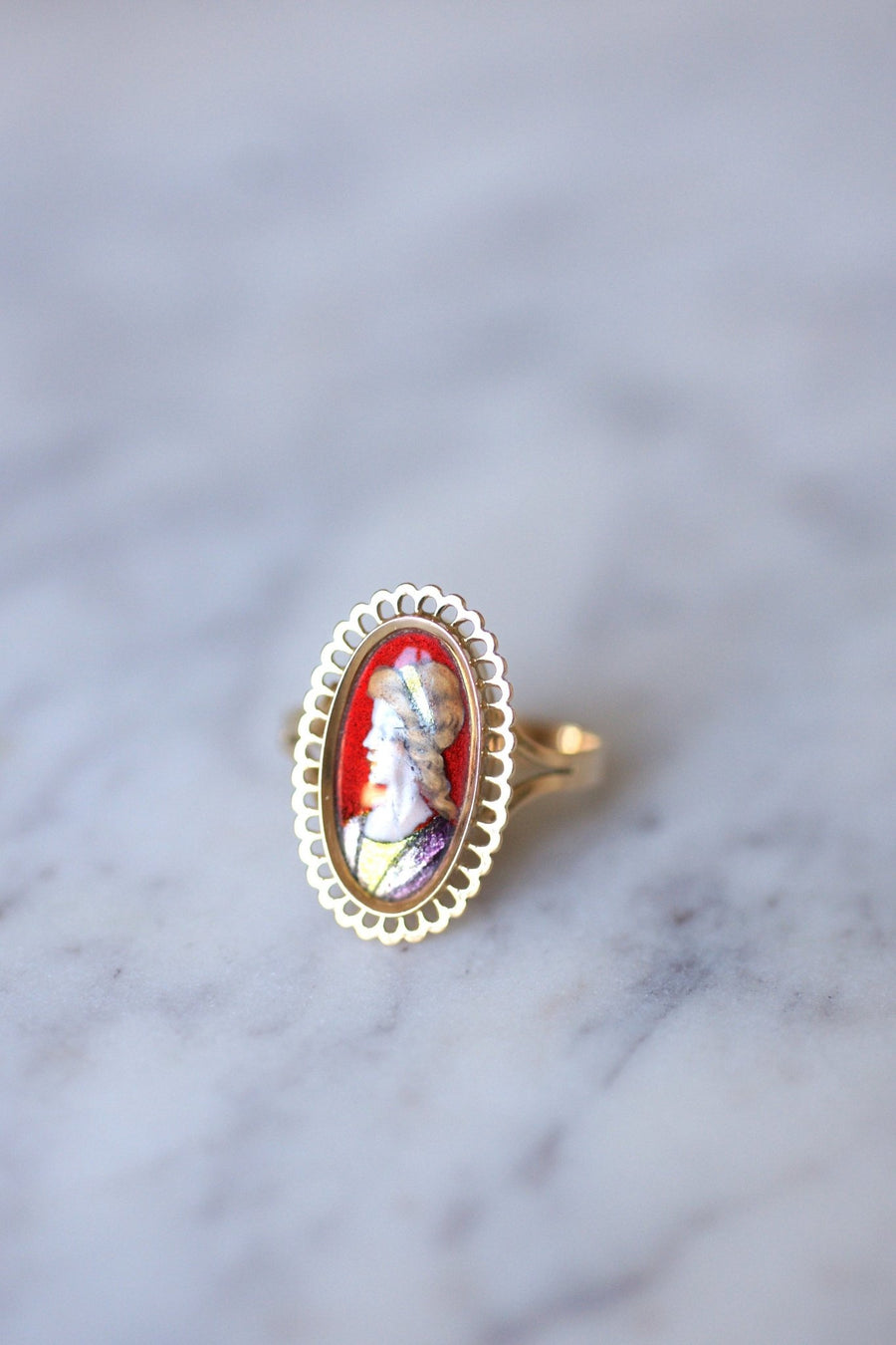 Antique pink gold and Limoges enamel portrait ring - Galerie Pénélope