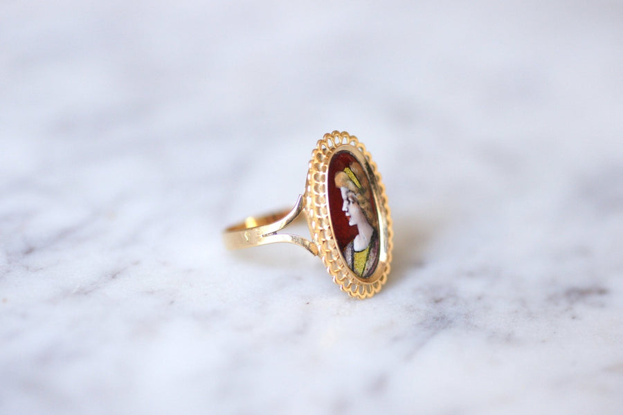 Antique pink gold and Limoges enamel portrait ring - Galerie Pénélope