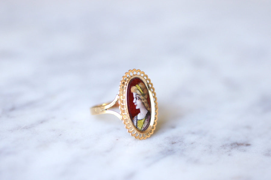 Antique pink gold and Limoges enamel portrait ring - Galerie Pénélope