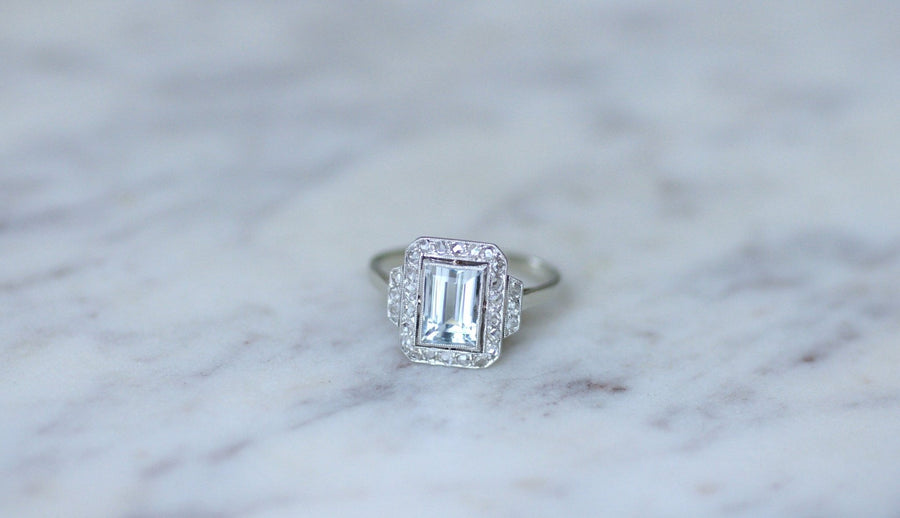 Rectangular Art Deco aquamarine and diamond ring - Galerie Pénélope