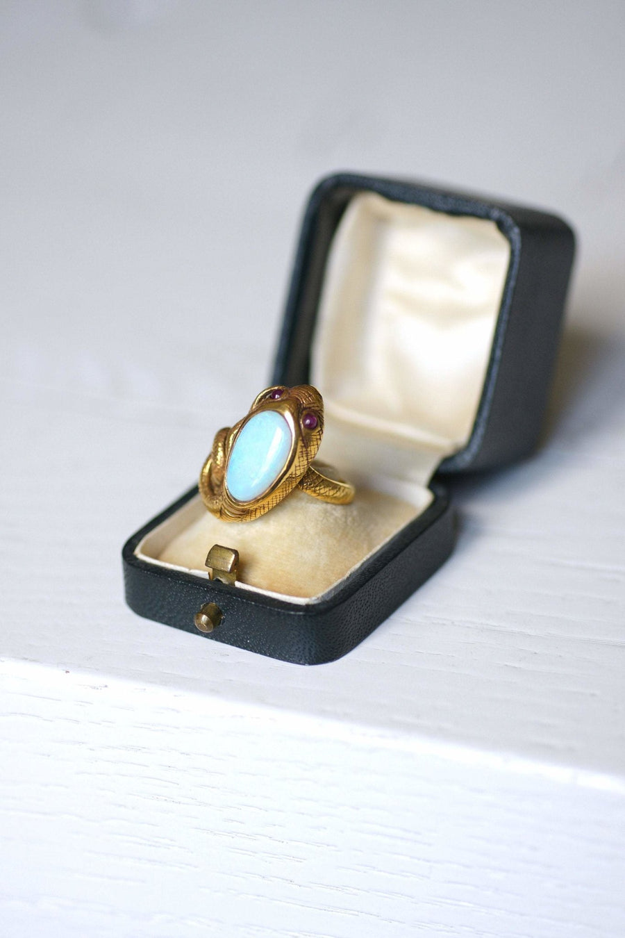 Vintage yellow gold, opal, and ruby snake ring - Penelope Gallery