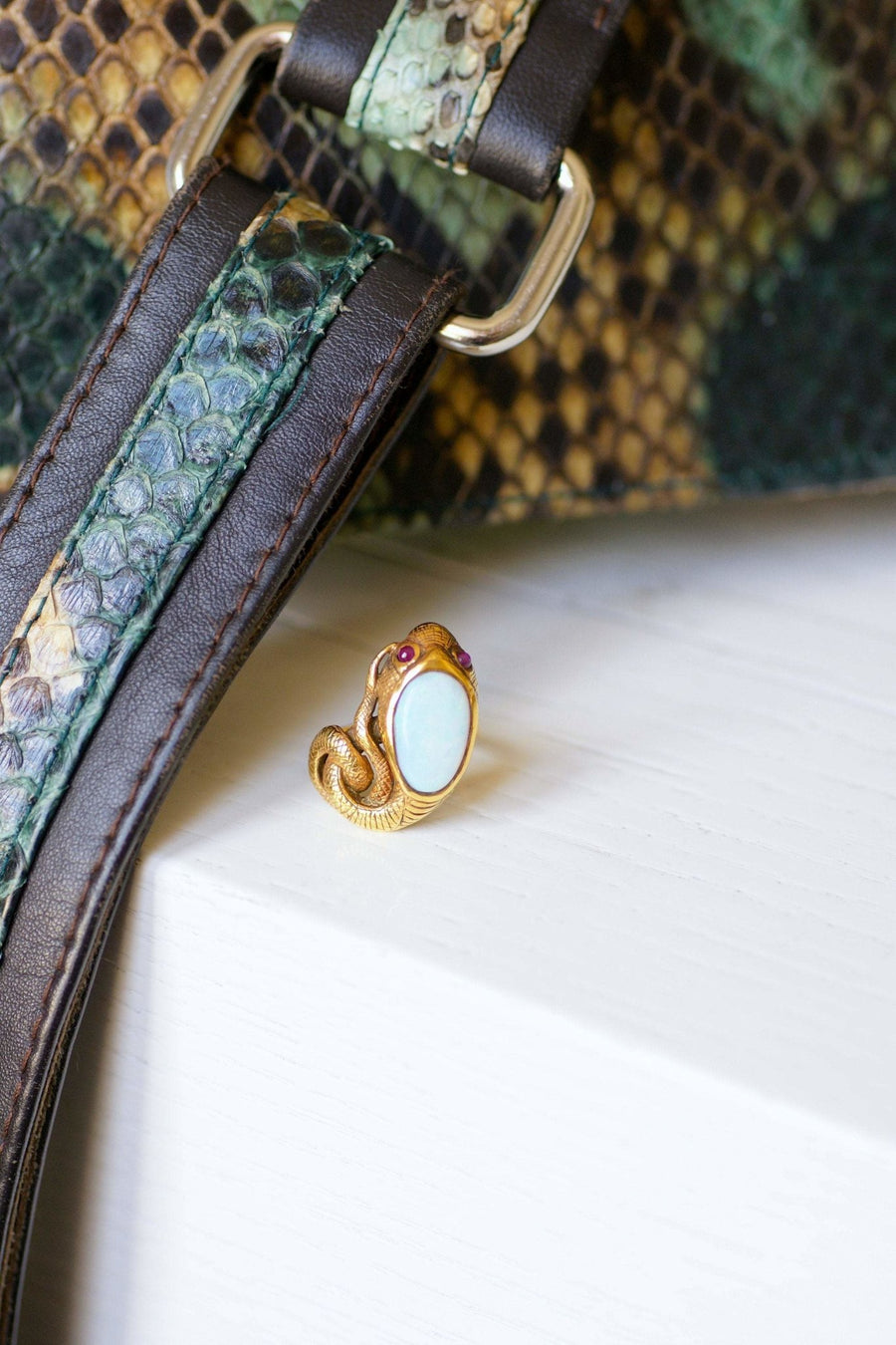 Vintage yellow gold, opal, and ruby snake ring - Penelope Gallery