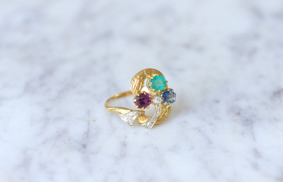 Snakes and Clover Ring, Sapphire, Emerald, Garnet - Penelope Gallery