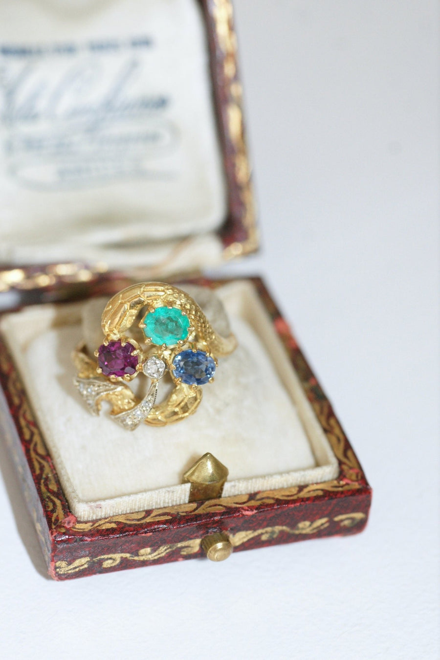 Snakes and Clover Ring, Sapphire, Emerald, Garnet - Penelope Gallery