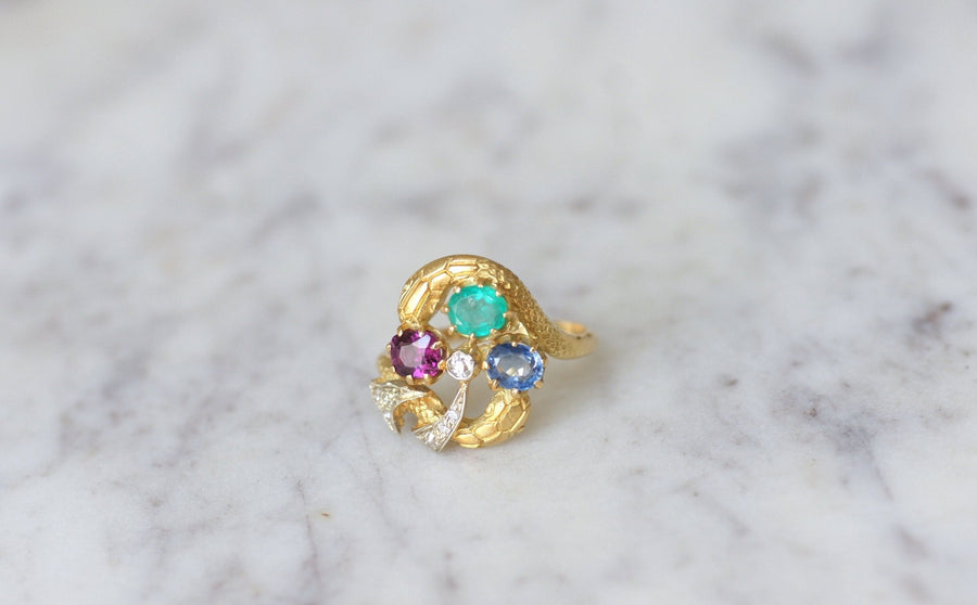 Snakes and Clover Ring, Sapphire, Emerald, Garnet - Penelope Gallery