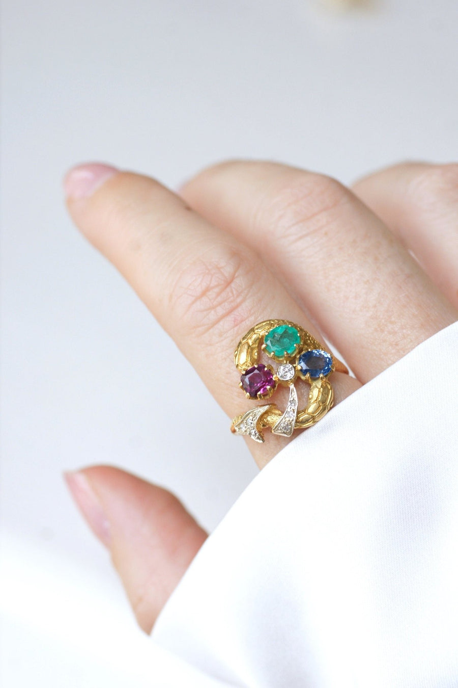 Snakes and Clover Ring, Sapphire, Emerald, Garnet - Penelope Gallery