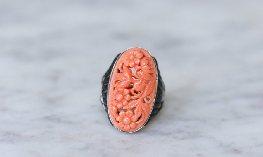 White Gold, Coral, Onyx and Diamond Art Deco Ring - Penelope Gallery