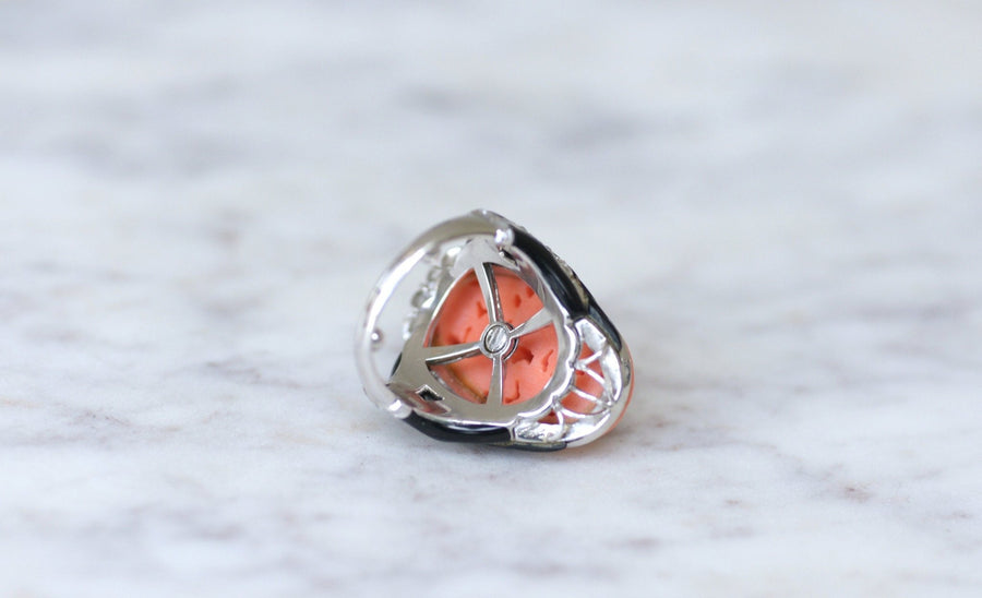 White Gold, Coral, Onyx and Diamond Art Deco Ring - Penelope Gallery